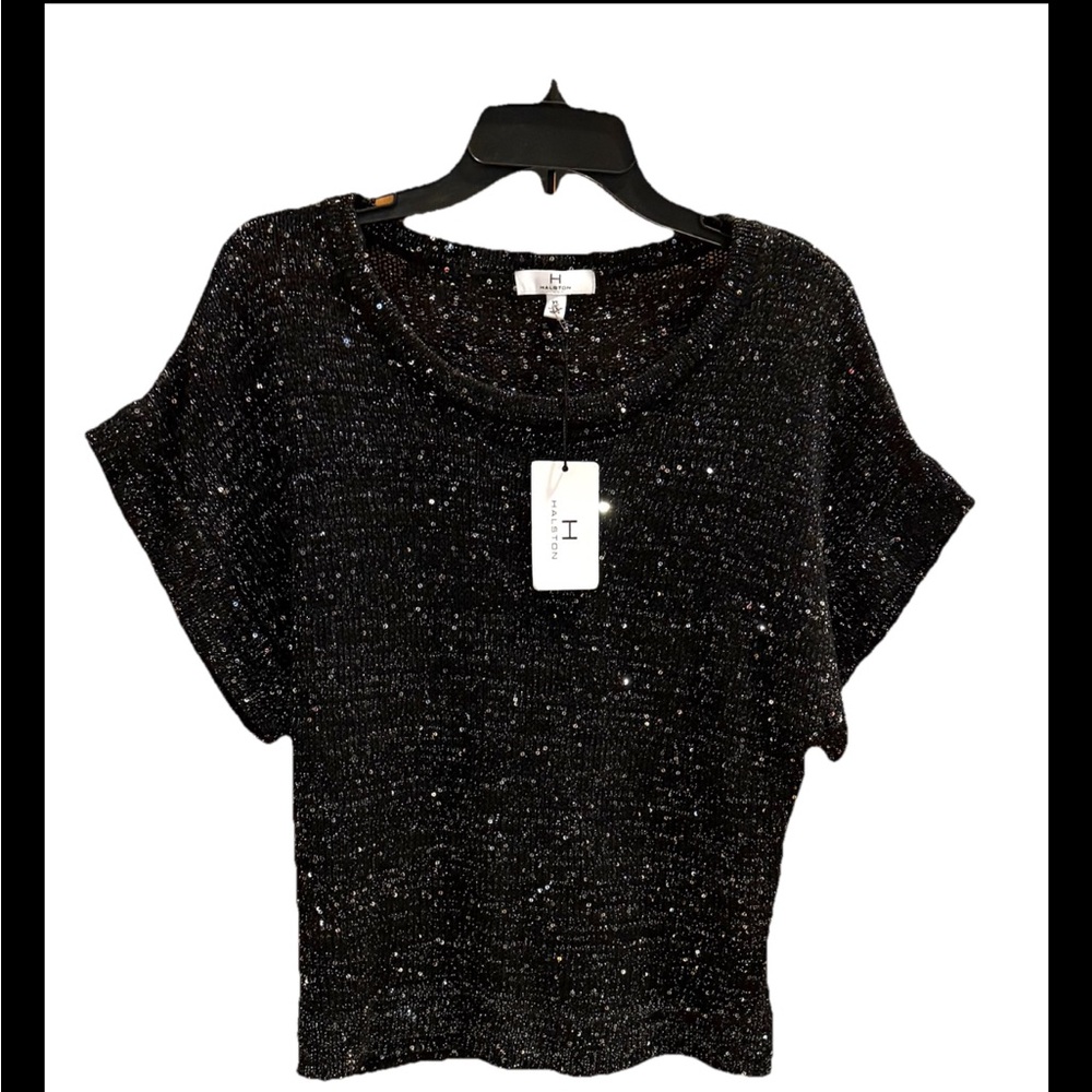 Halston Black Metallic Sequin Short Sleeve Sweater Size XL